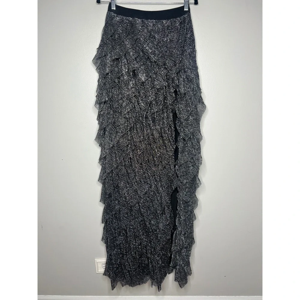 AKIRA Black Metallic Tiered Ruffle Tulle Maxi Skirt Slit Women's M‎ Festval Glam